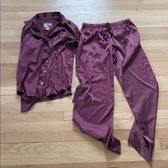 Victoria's Secret Other - Victoria's Secret Burgundy and Pink Striped Satin Pajamas
Size medium